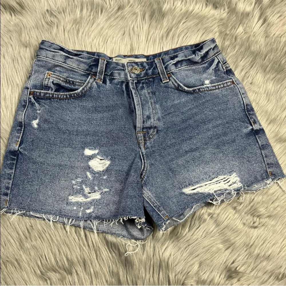 Topshop Ashley Denim Frayed Hem Distressed Button Fly Shorts